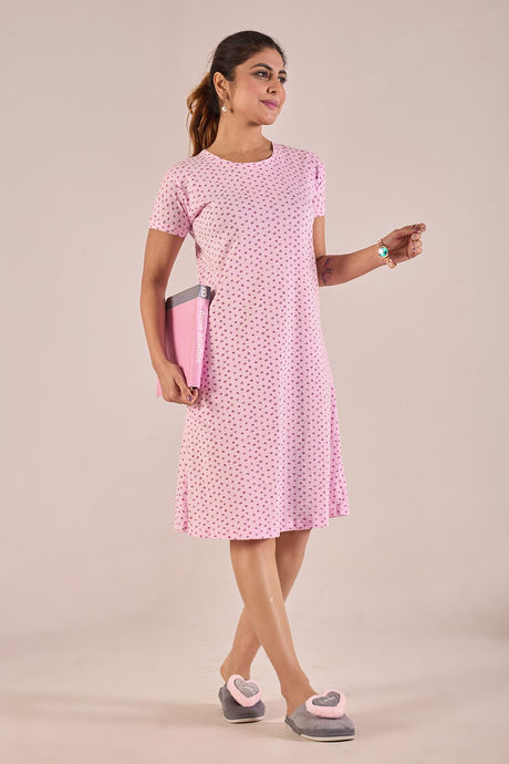 Sweet Moon Knit Cotton Mid Length Nightdress - Millennial Pink — image 4